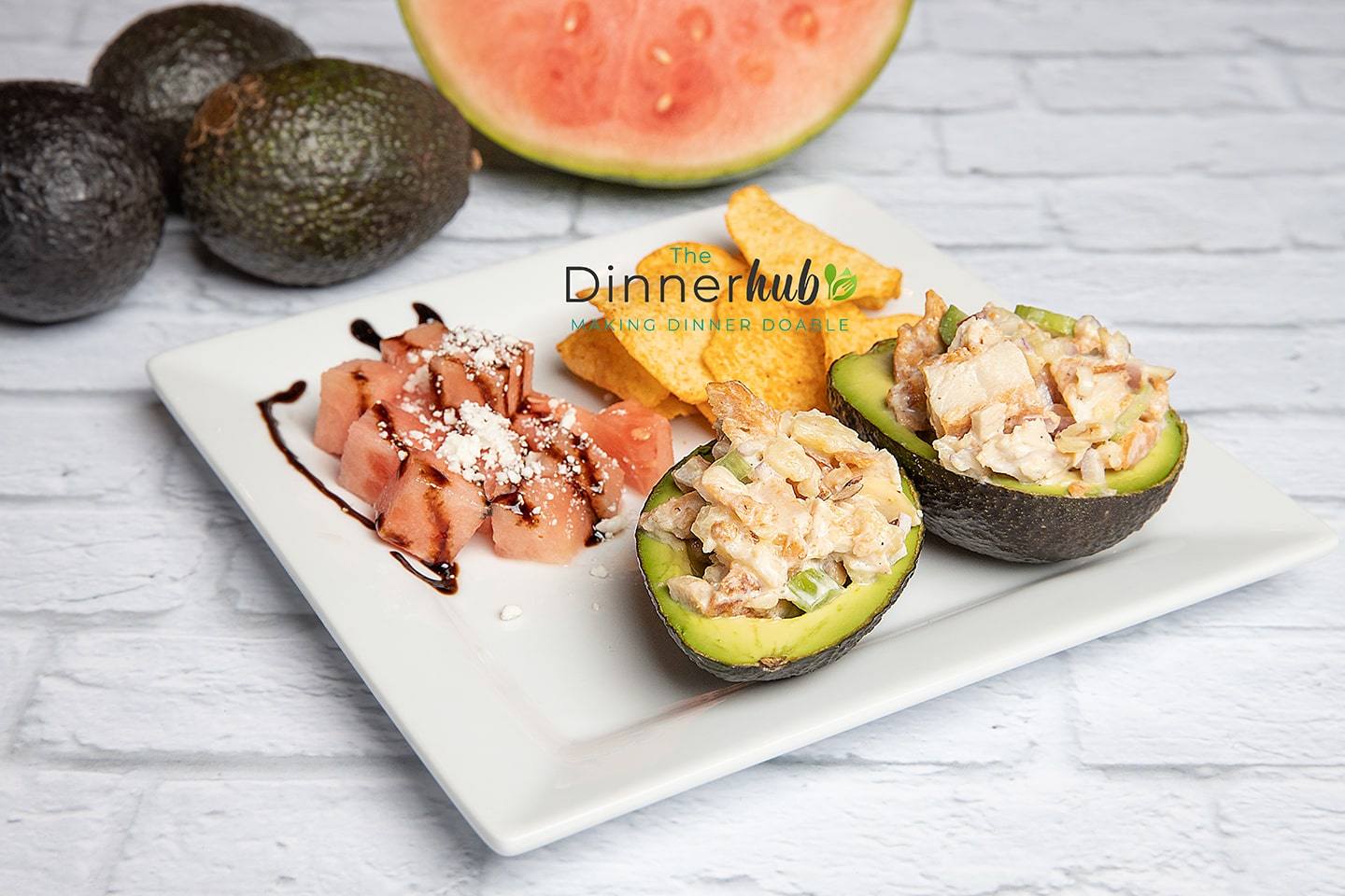 Chicken Salad Avocados w/ Balsamic Glazed Watermelon & Chips